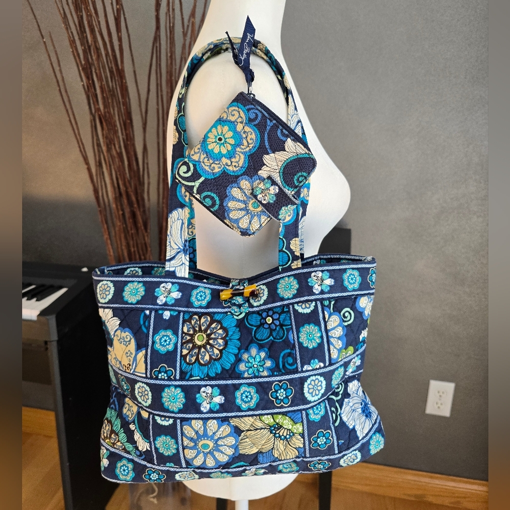 Vera Bradley Floral Blue Tote Bag with Matching Wallet